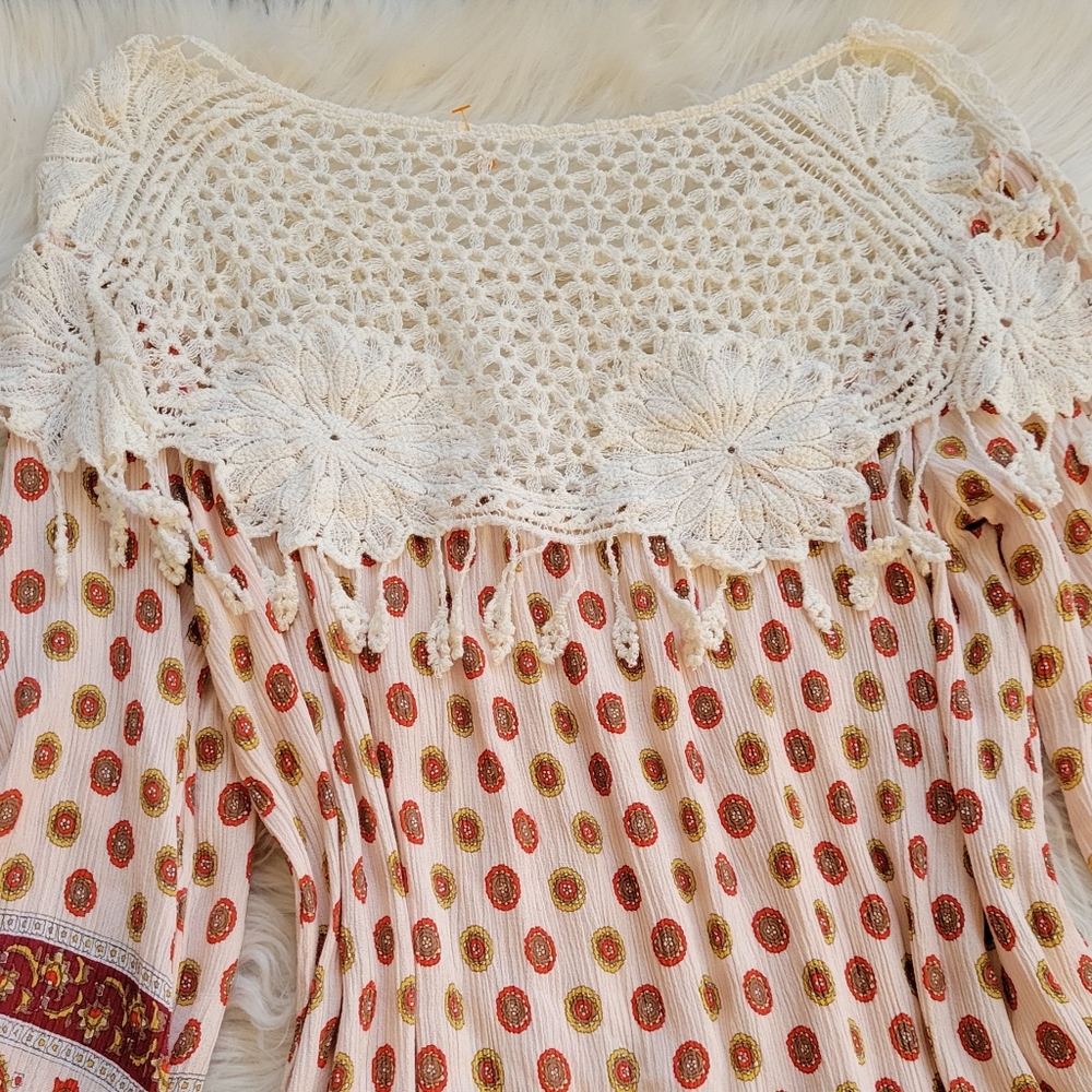 Tassels Lace Dress Cream Orange Paisley Boho Long Sleeve Crochet Peasant Neck S - Picture 8 of 10